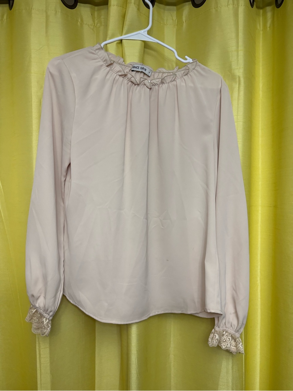 Grace Karin Light Cream Long Sleeve Ruffle-Neck Blouse